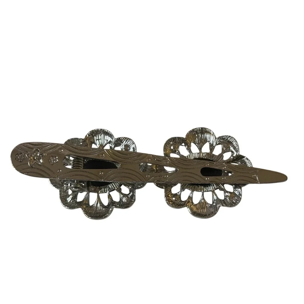 Vtg Art Deco Silver Tone Hair Clip Black Cat Eye Glass Victorian Gothic 4 Inch